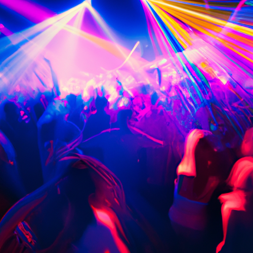 תמונה של מועדון לילה תוסס עם אורות צבעוניים ואנשים רוקדים.