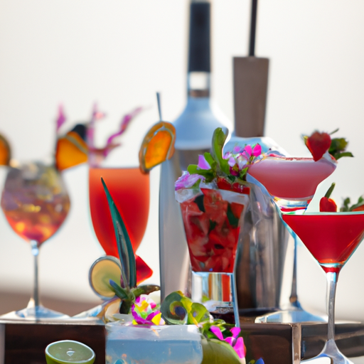מבחר משקאות אקזוטיים המוגשים בבר טרופיקל אירועים, המדגימים את המגוון והיצירתיות שהושקעו בכל משקה.